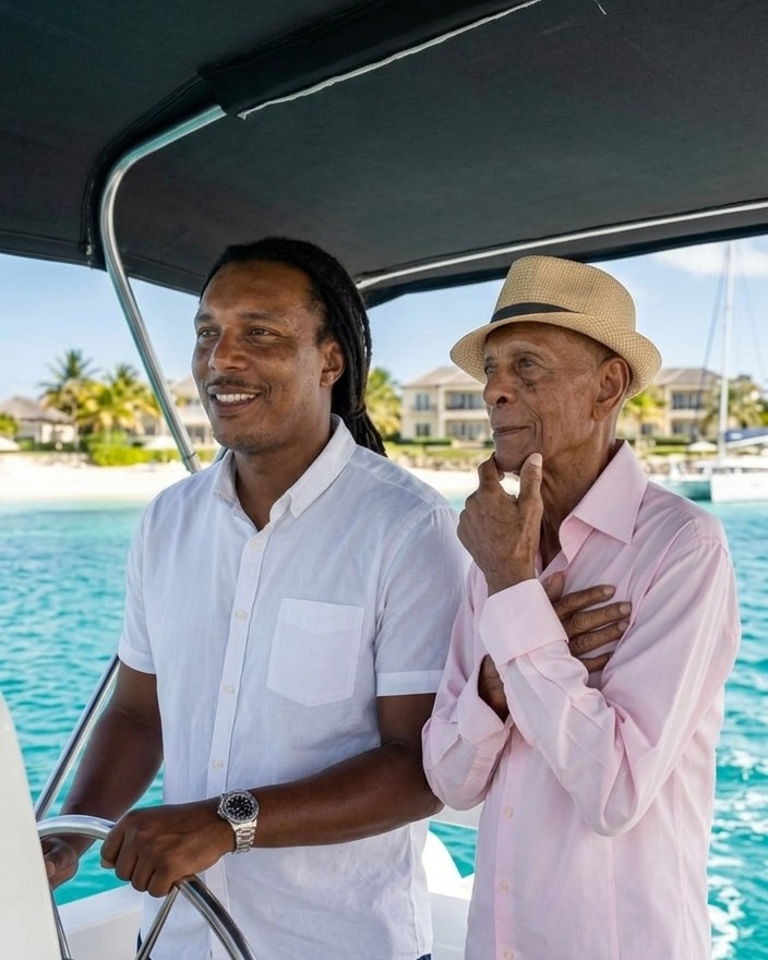 Florent et son grand-père Albert à bord du bateau Ti Papi Excursions